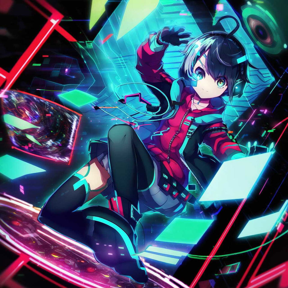 Tech genius teenage girl in neon anime style, with cyan and magenta digital lighting