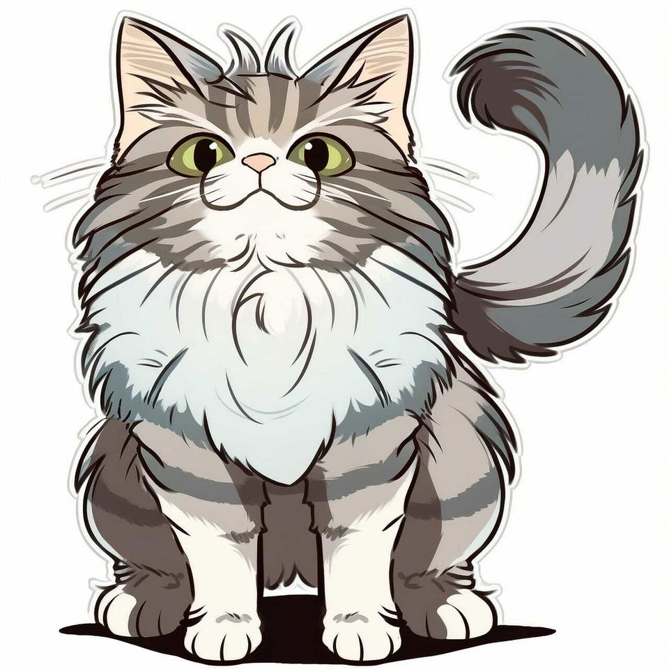 Cute Maine Coon cat in anime-style line art with soft gray and cream tones