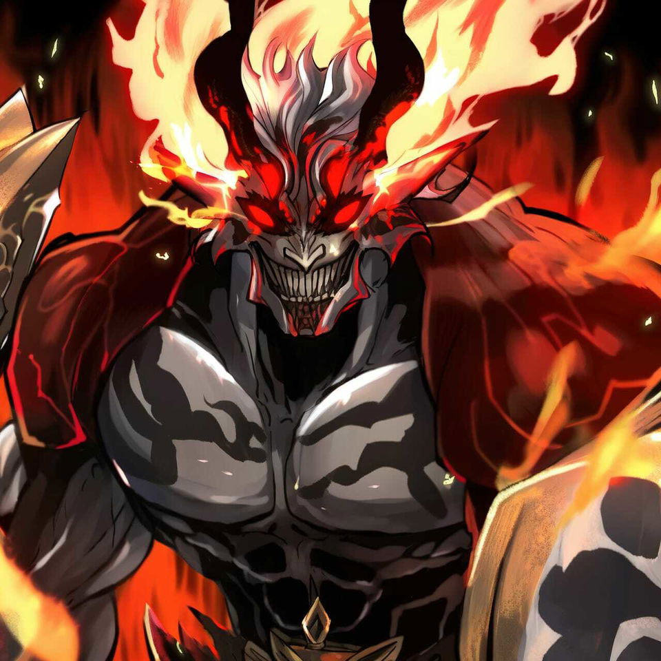 Chernobog, a horned armored demon amid flames, in dark anime art with red-orange lighting