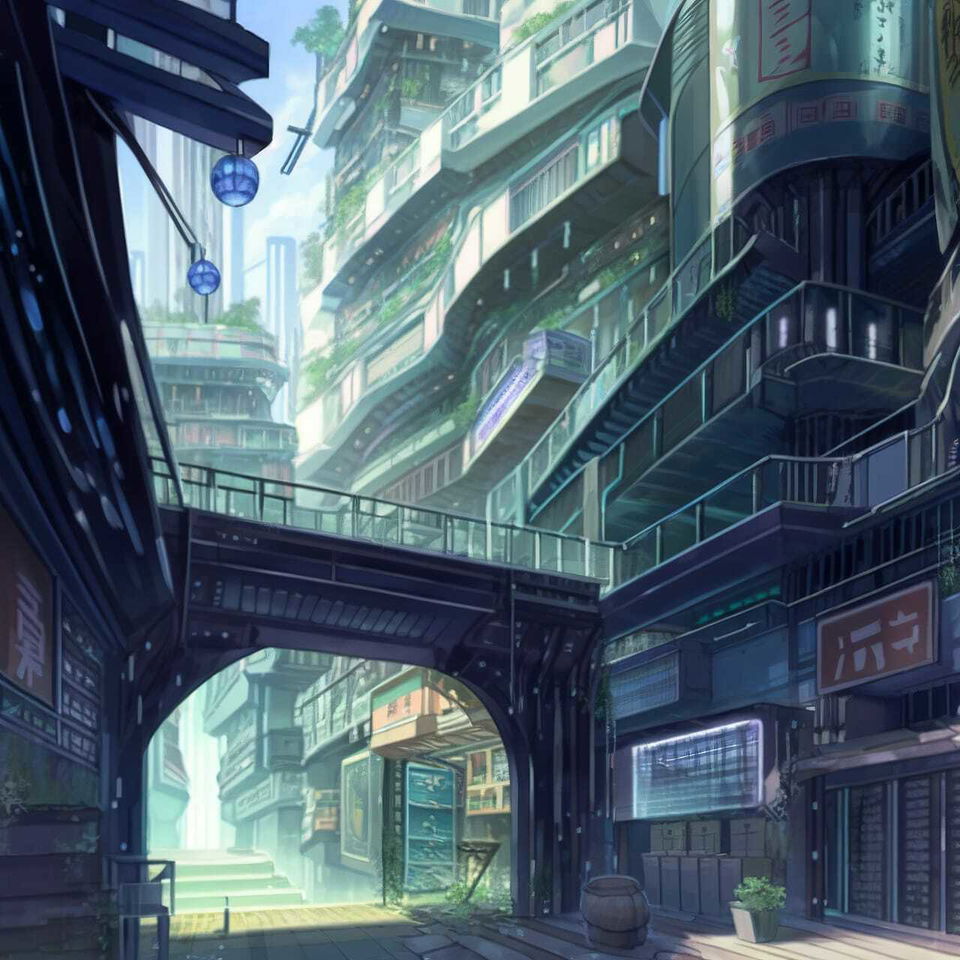 Vertical city with greenery-covered buildings and bridges, in cool-toned anime style with soft light