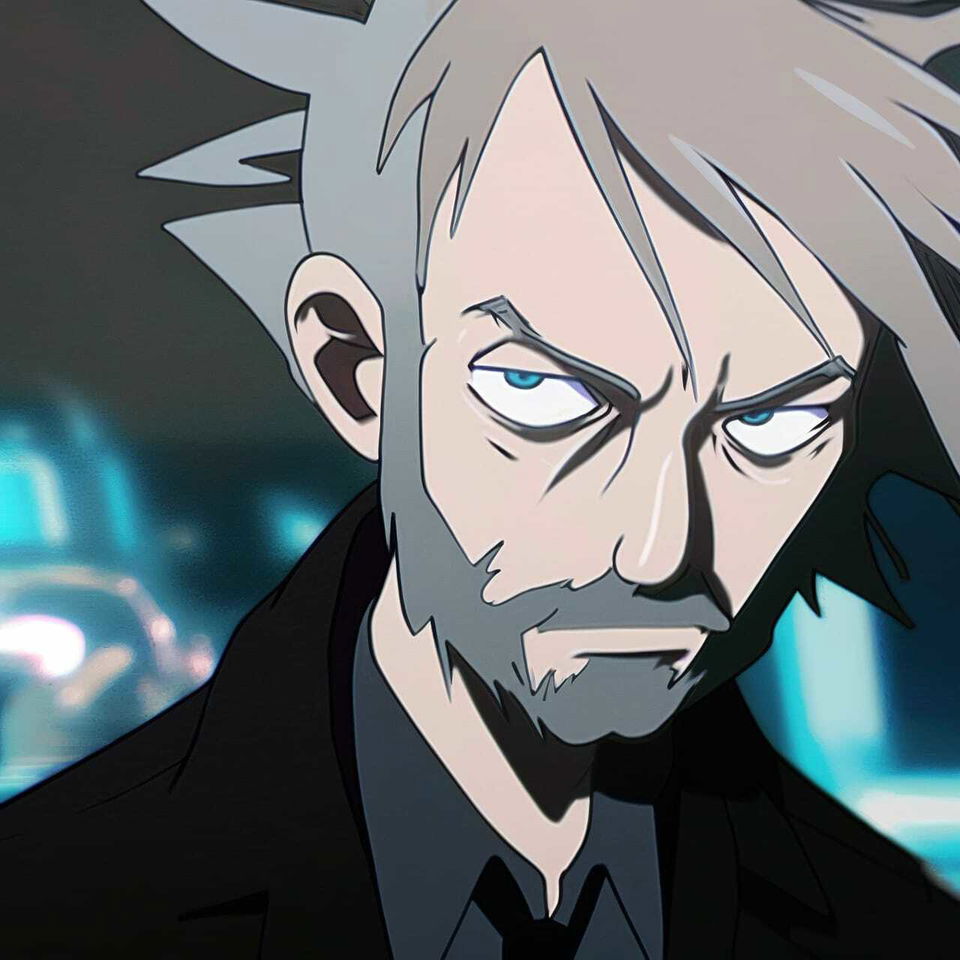 Thom Yorke portrayed as a stern anime character in bold cel shading and cool neon light
