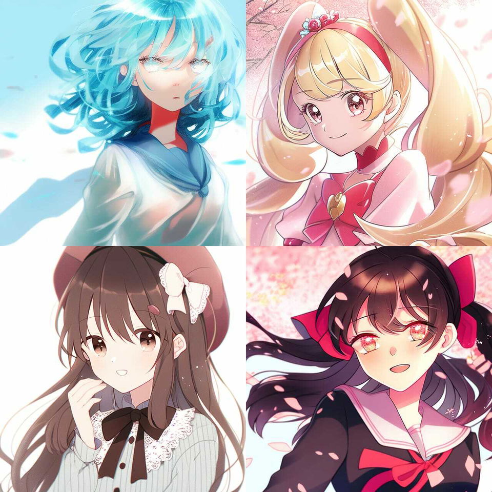 Four shojo anime girls with colorful hair, soft pastel palettes, and bright glowing light