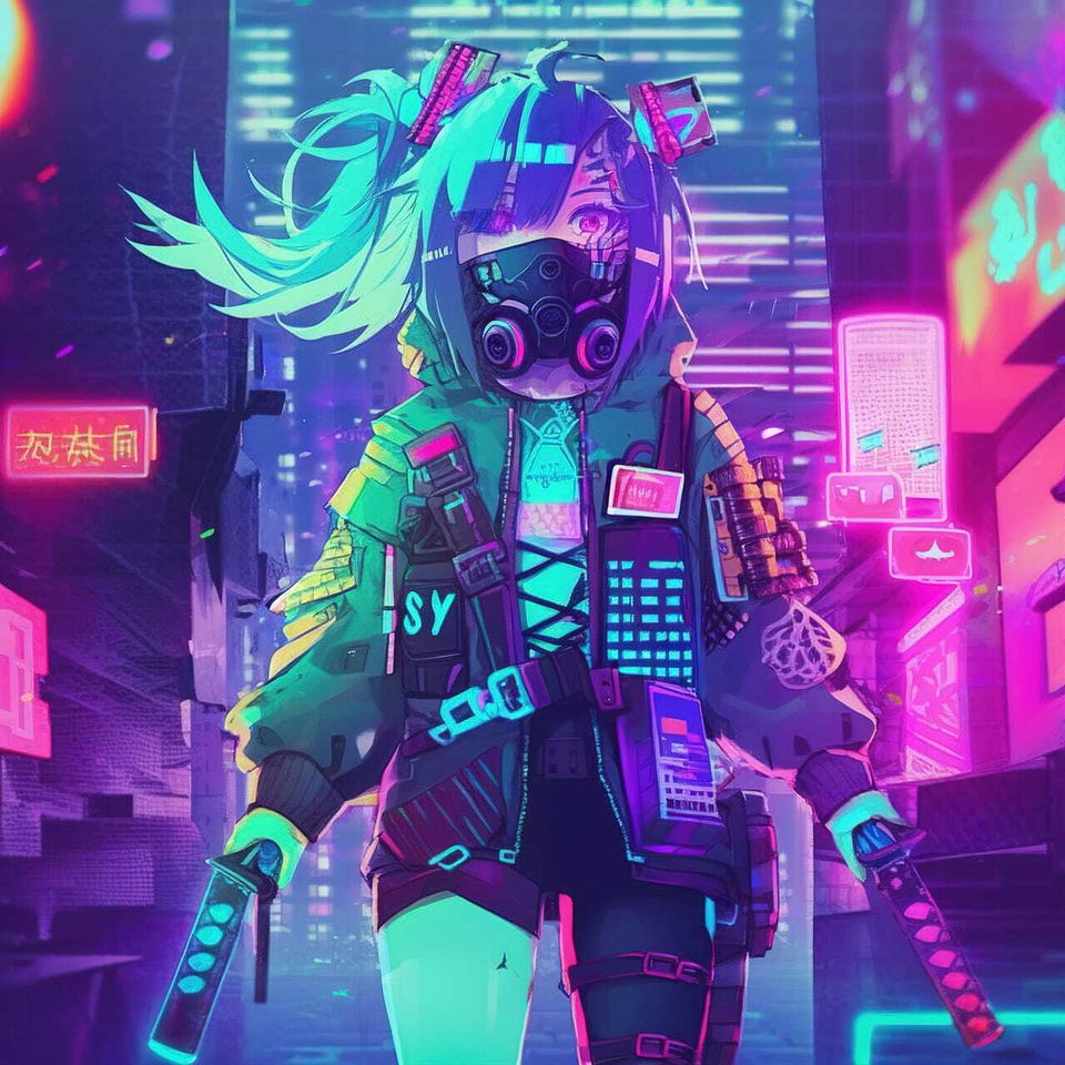 Cyberpunk character in anime style with neon cyan and magenta lighting and futuristic city details