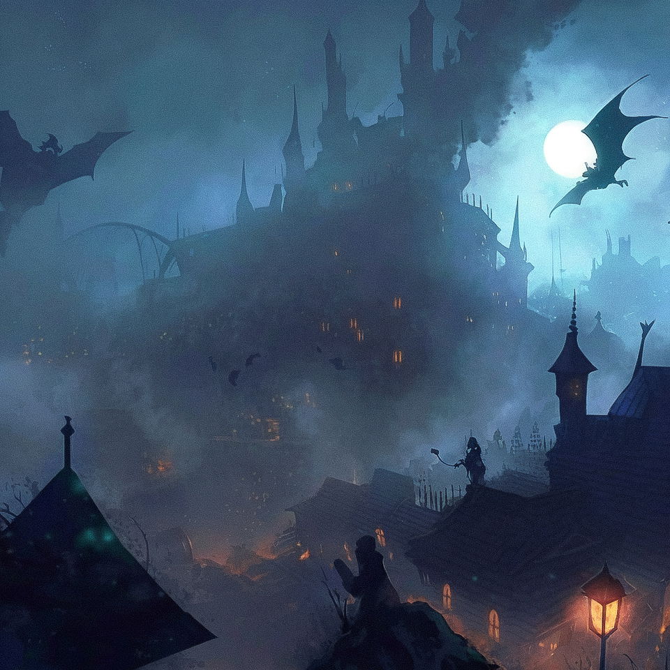 Nazgul over a sleeping town, anime fantasy scene in blue moonlight, mist, and warm window glows