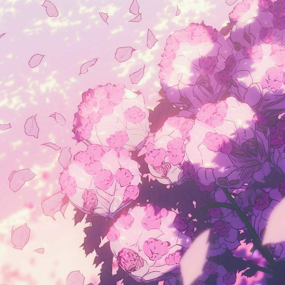 Decaying peonies in soft shojo anime style, glowing pink and purple pastel light