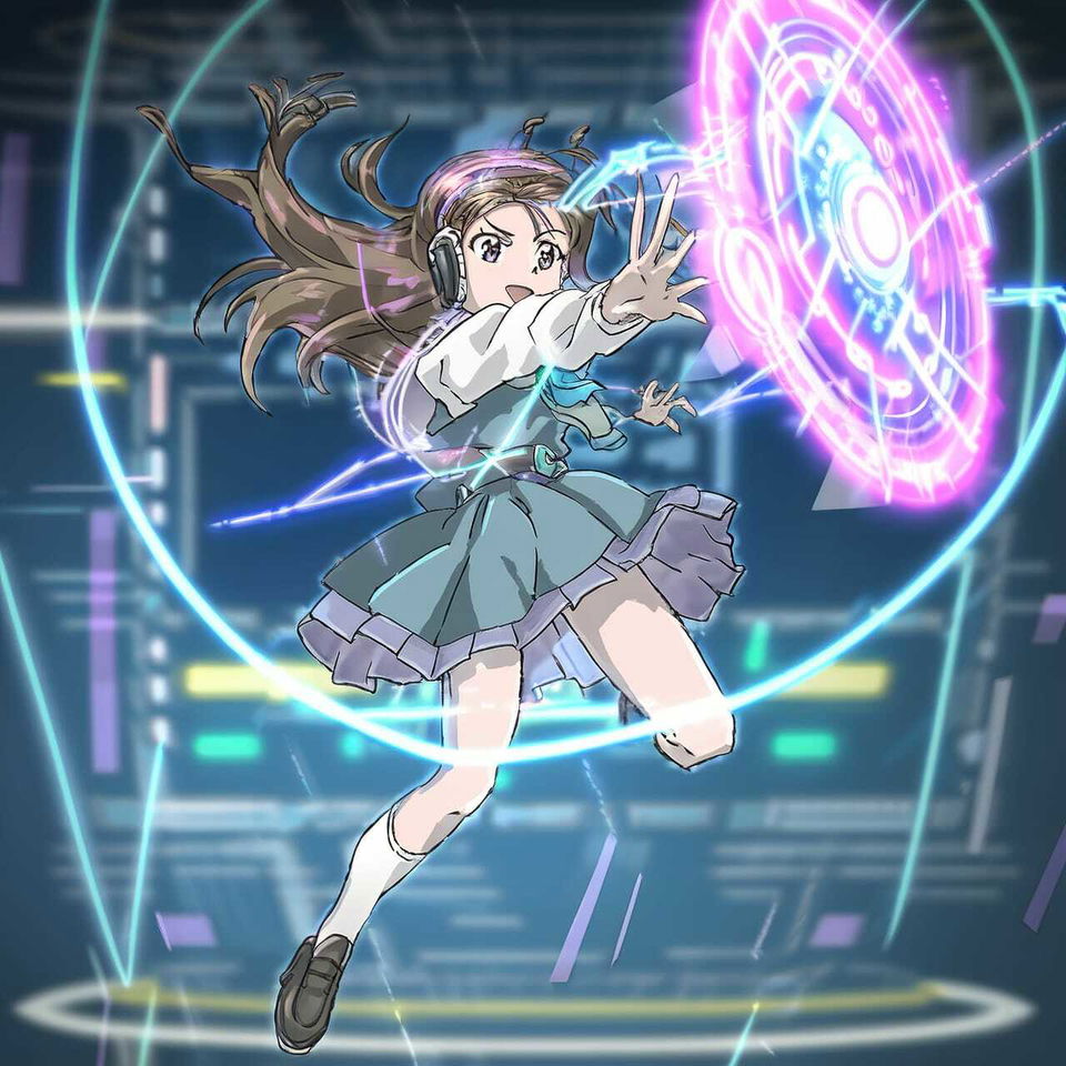 Tech genius teenage girl casting a glowing holographic interface in anime style, neon-lit blue palette