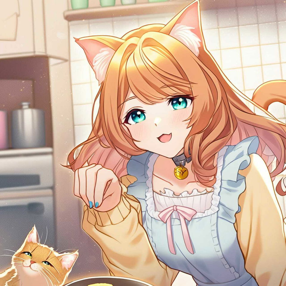 Catgirl with a Maine Coon cat in a warm pastel shojo anime style