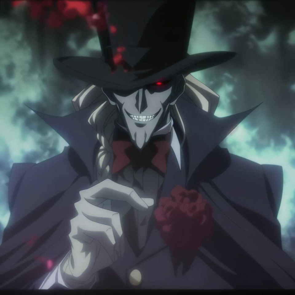 Chernobog in a dark top hat and suit, rendered in moody anime style with red highlights