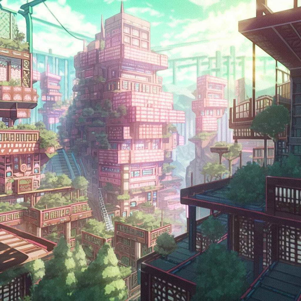 Layered bioarchitecture city with rooftop gardens, in soft pastel anime style and hazy sunlight
