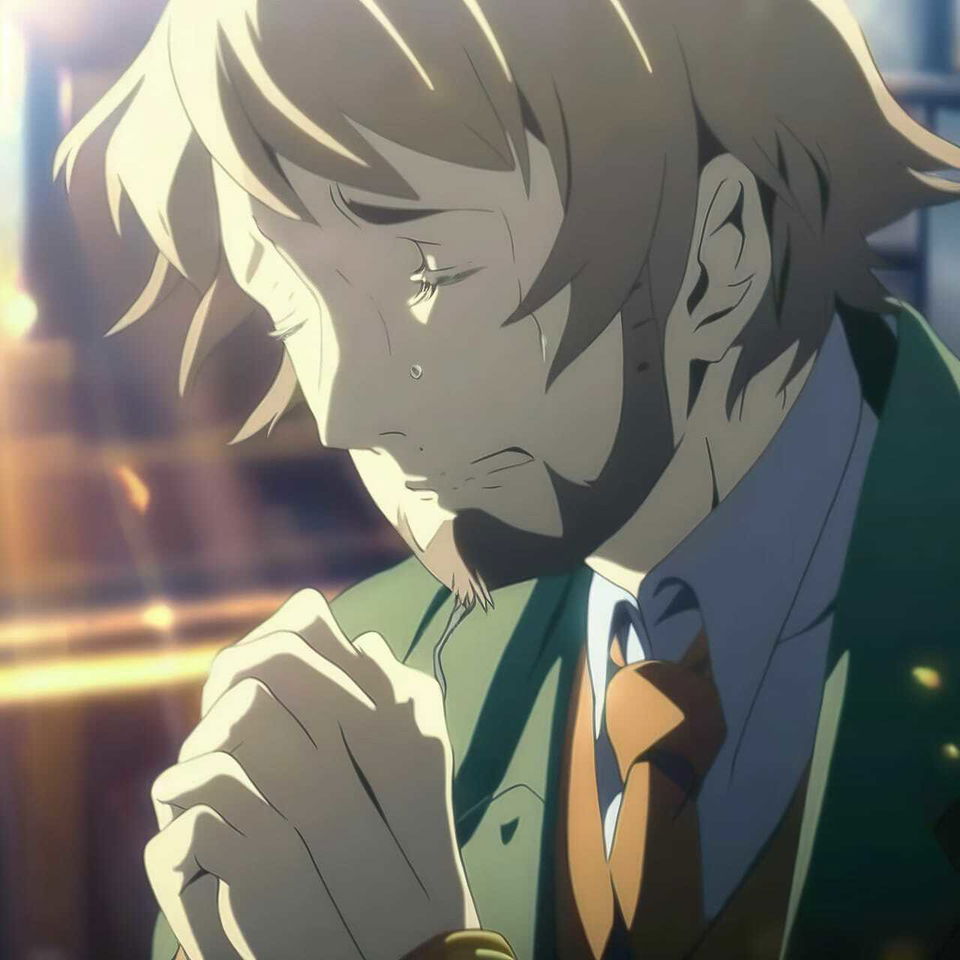 Thom Yorke with clasped hands and tearful eyes in soft-lit shojo anime style