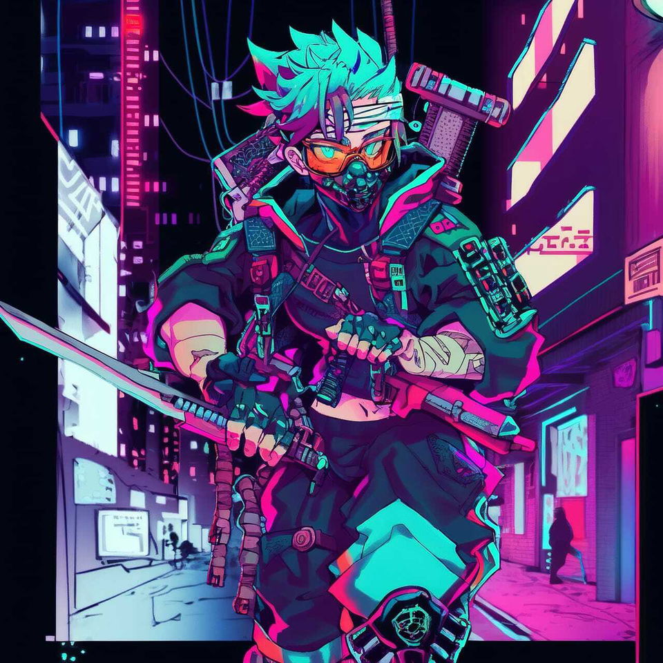 Cyberpunk character with swords in neon anime style, vivid magenta and cyan lighting