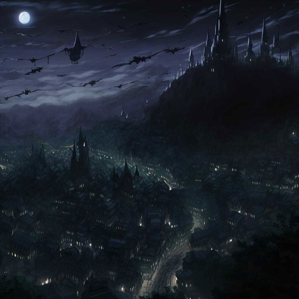 Nazgul flying over a sleeping town in dark anime-style art with moonlit blue-gray tones
