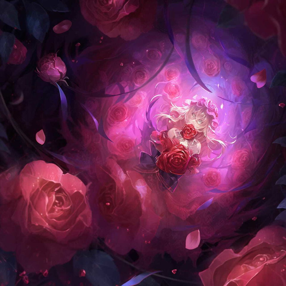 White-haired girl holding roses amid decaying peonies, anime art in glowing magenta light
