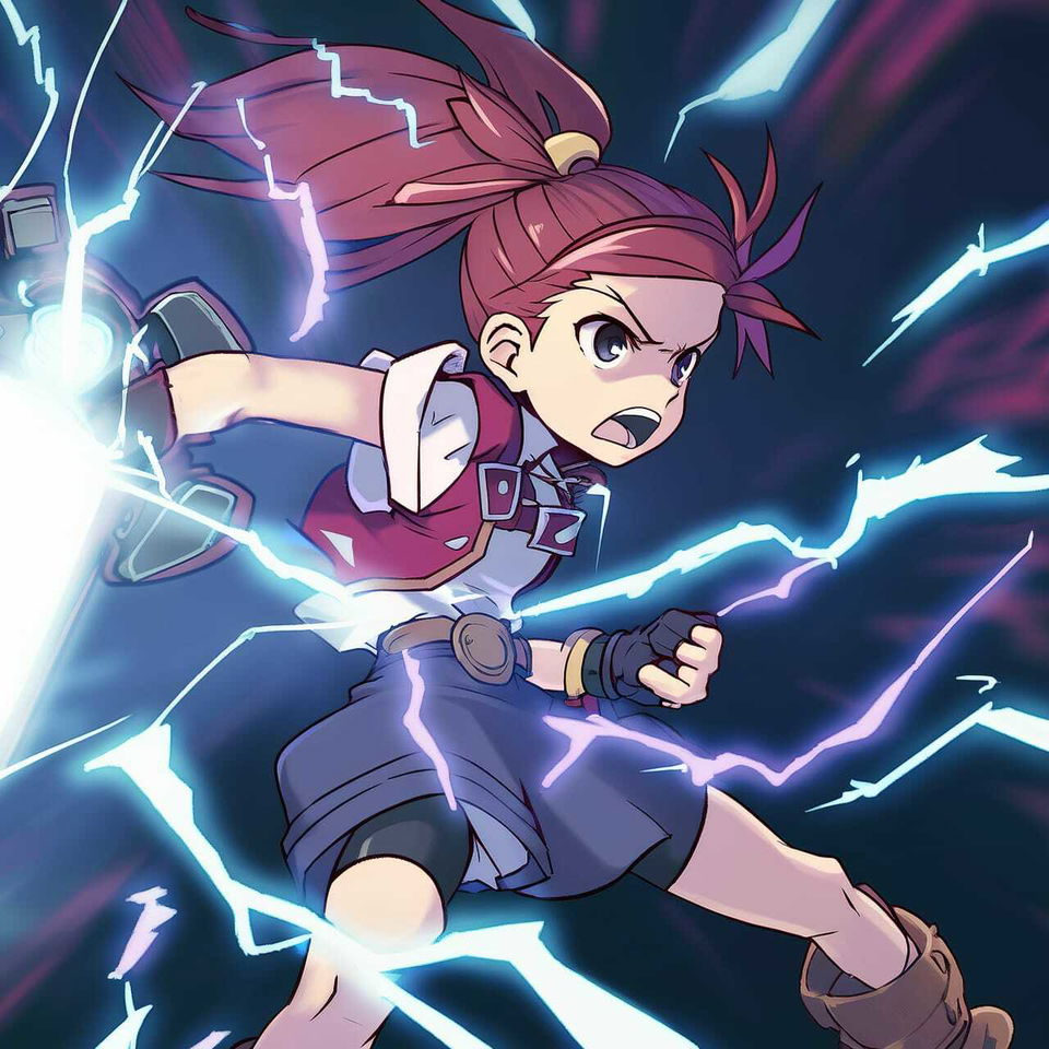 Tech genius teenage girl charging amid lightning, in vivid shonen anime style with neon blue light