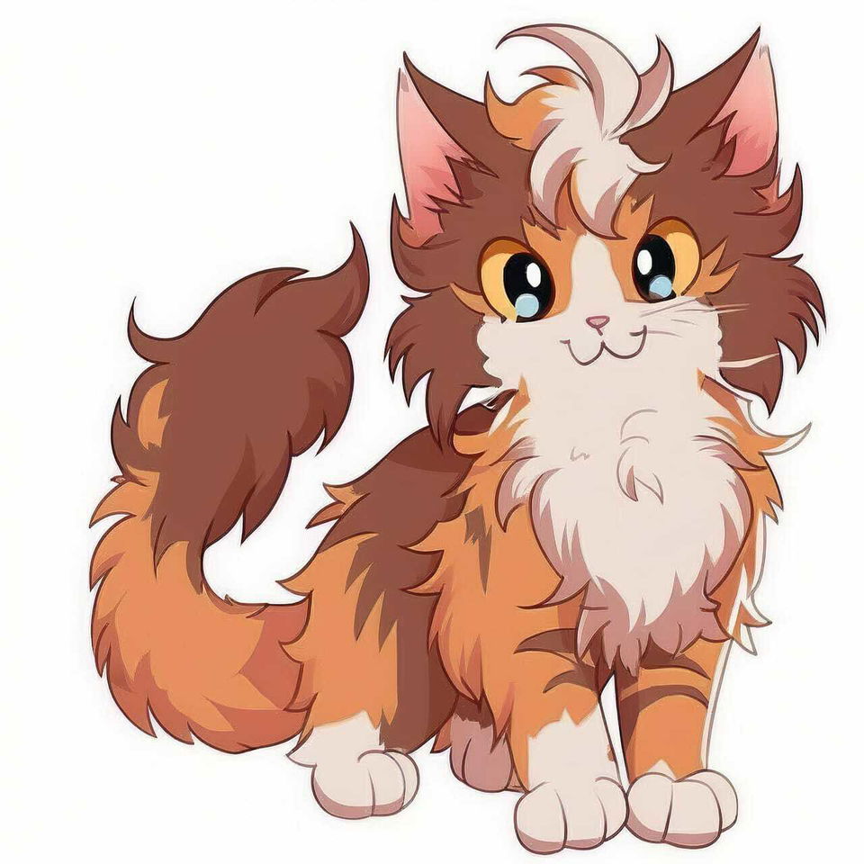 Cute Maine Coon cat in colorful, clean-lined shonen anime style on a white background