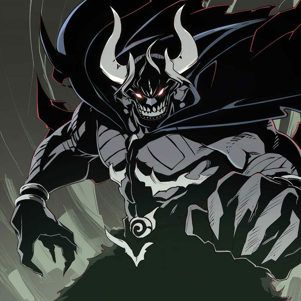 Chernobog, a horned skeletal demon in dark shonen anime line art, muted gray-green tones, red eyes
