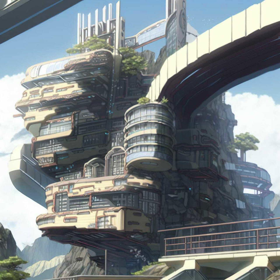 Futuristic bioarchitecture tower with trees and elevated walkways, anime-style, in bright daylight