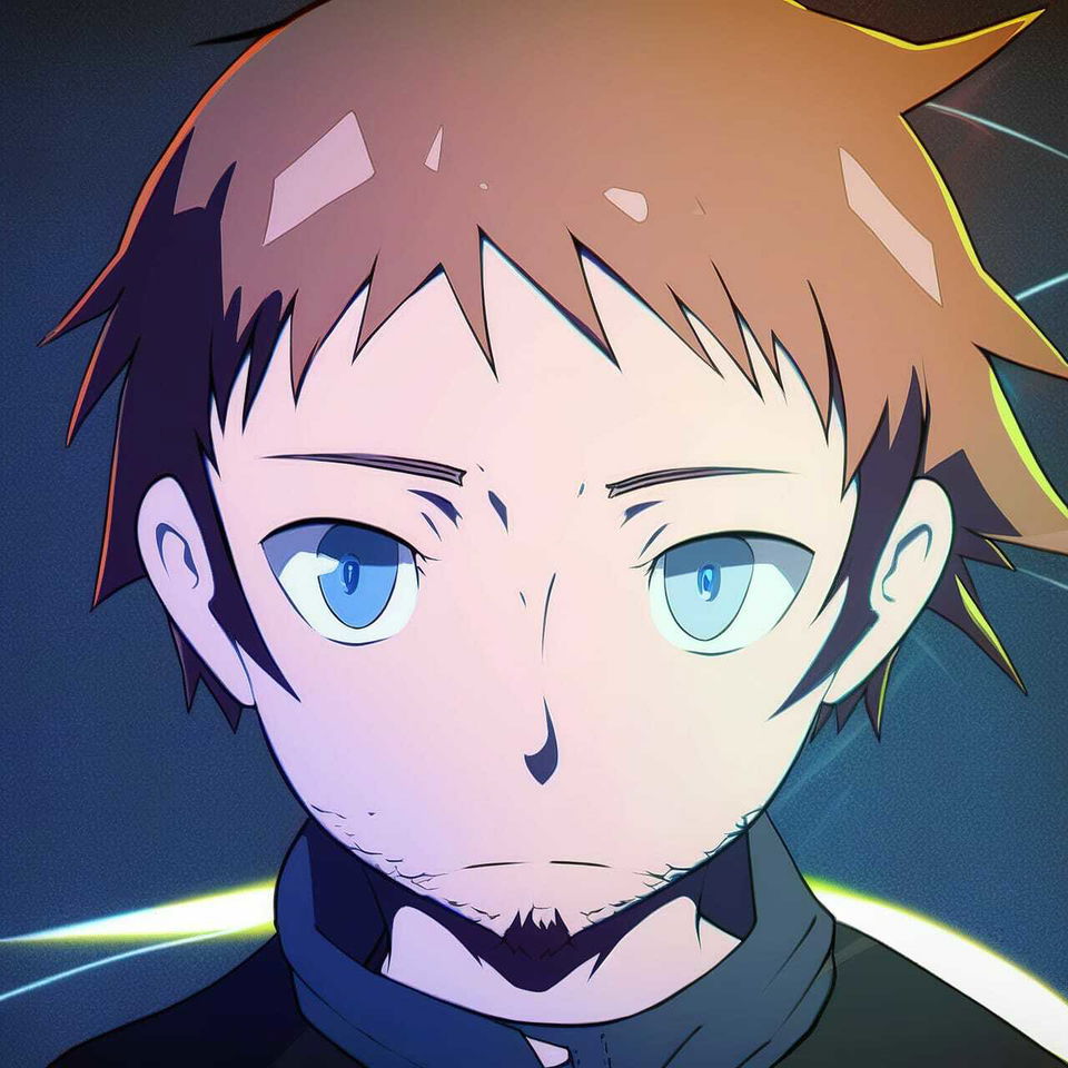 Thom Yorke as a close-up anime character with spiky hair, bold outlines, and cool neon lighting
