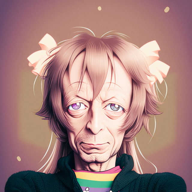 Kawaii anime-style portrait of an older man with ribbons and a rainbow shirt, pastel lighting
