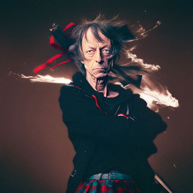 Stern long-haired man in a realistic anime portrait with dark tones, red accents, and dramatic light