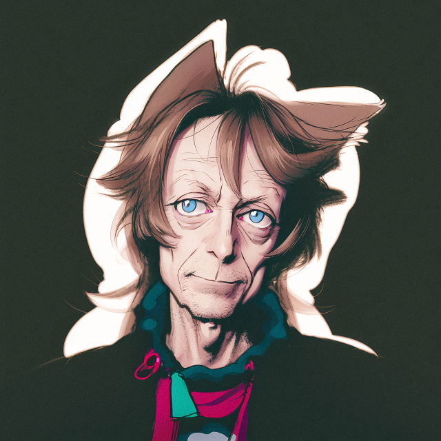 Anime-style portrait of an older man with tousled hair, vivid colors, bold lines, and dramatic light