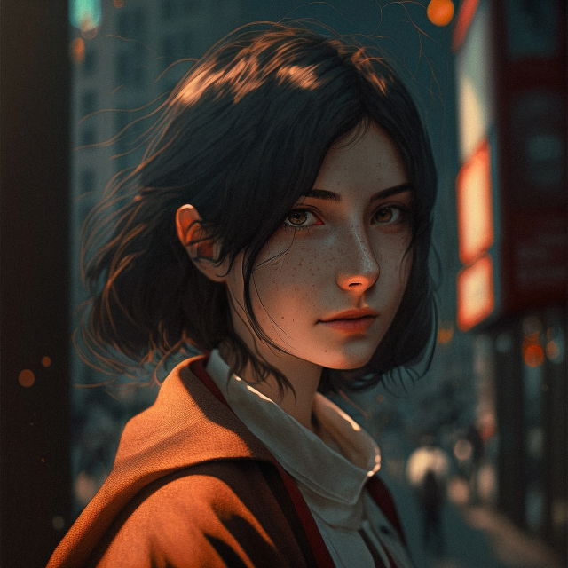 Anime-style portrait of a freckled woman with dark hair in warm orange and teal light