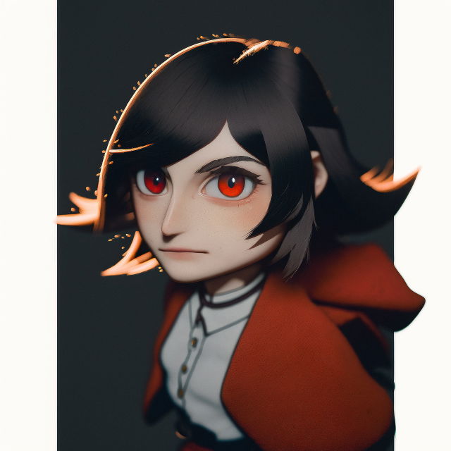 Chibi anime girl with black hair and red eyes, warmly lit in red and black tones