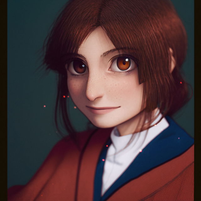 Anime-style schoolgirl portrait with auburn hair, warm shading, and soft teal lighting