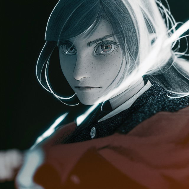 Close-up anime woman with short hair in dramatic teal and red lighting, cinematic realism