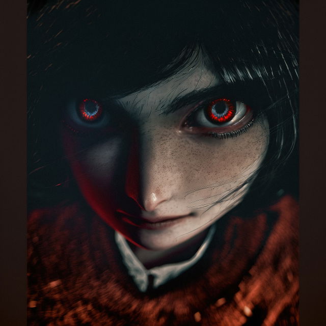 Close-up of a sinister anime face with glowing red eyes, dark shadows, and a red-brown palette