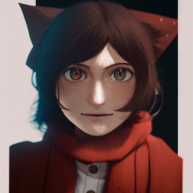 Kemonomimi anime girl with animal ears, warm red palette, and soft cinematic lighting