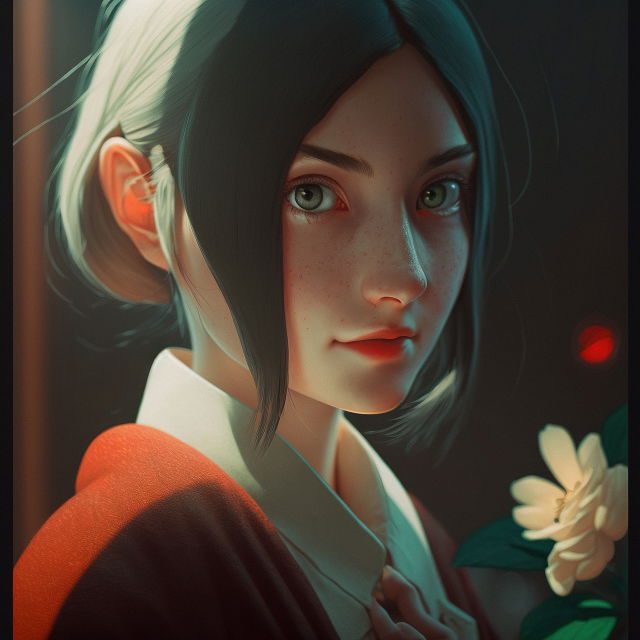 Close-up anime girl with dark hair and flowers, cinematic teal-orange lighting and painterly detail