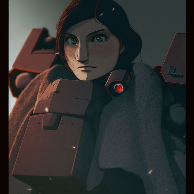 Anime-style female mecha pilot with glowing green eyes and red armor in dim cinematic light