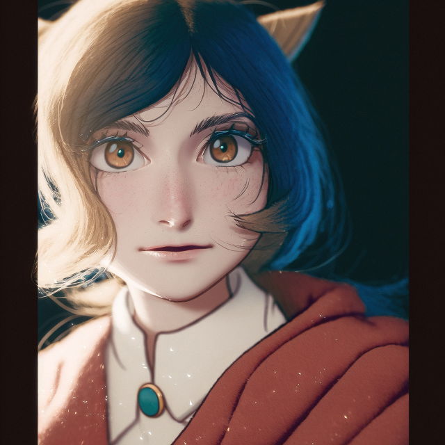 Anime-style close-up of a cat-eared girl with blue hair, warm backlighting, and rich colors