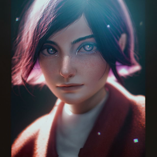 Close-up of a young woman in realistic anime style, with soft pink and teal cinematic lighting