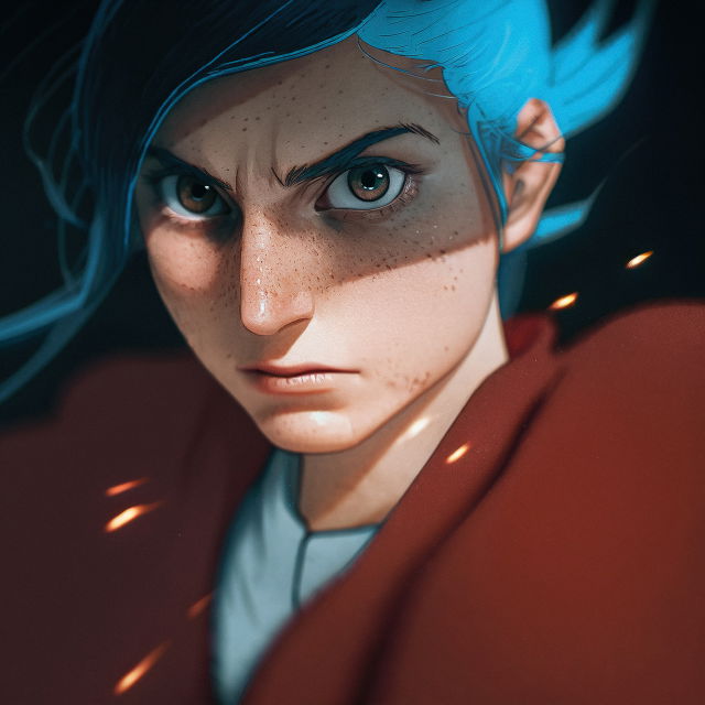 Close-up of a blue-haired young man in seinen anime style, with dramatic shadows and warm sparks