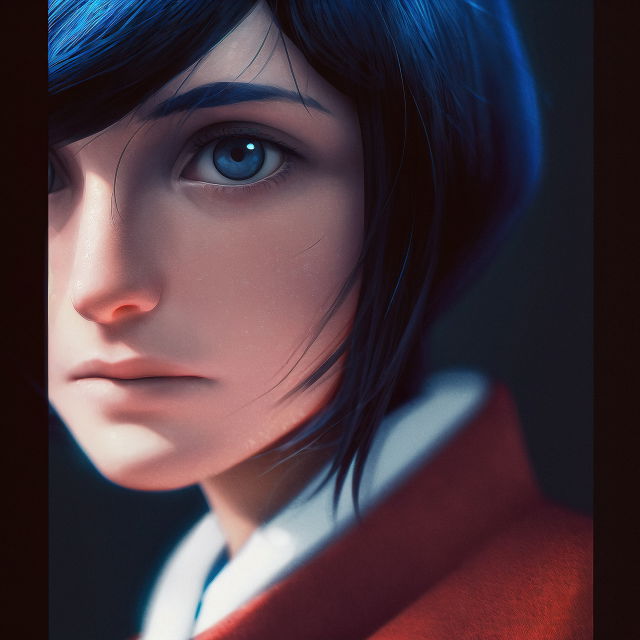 Close-up of a dark-haired woman in semi-realistic anime style, blue and red light