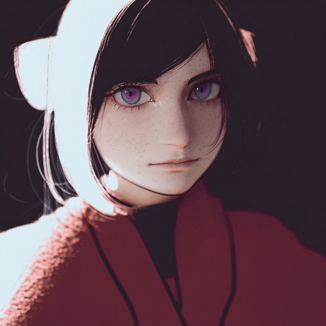 Close-up of a freckled anime girl with violet eyes in soft pink and burgundy light
