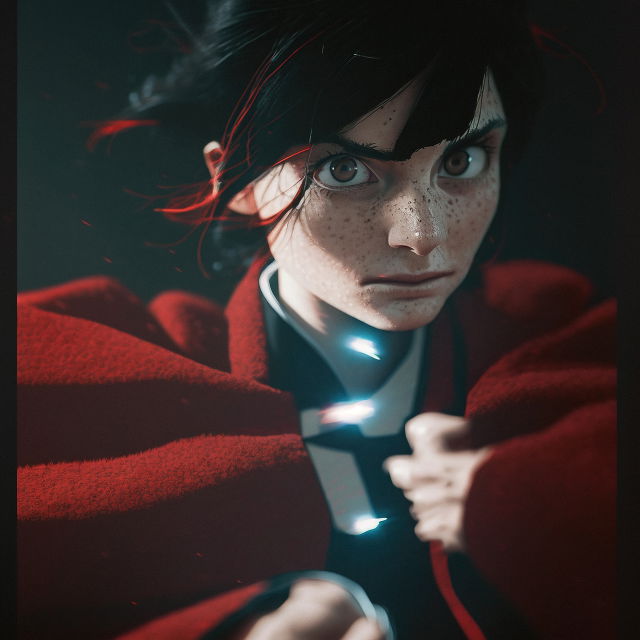 Freckled anime girl in a red coat, dramatic cinematic lighting and dark red-black palette