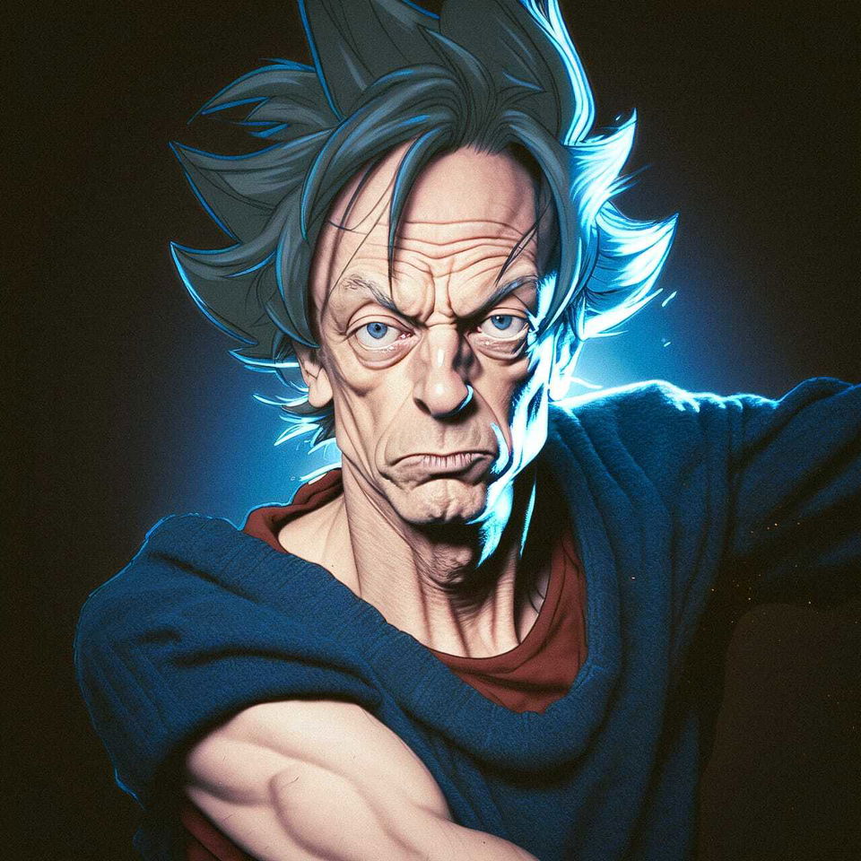 Portrait of a stern spiky-haired man in Dragon Ball Z style, with blue rim lighting