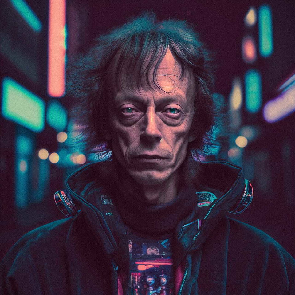 Portrait of a stern man in a futuristic city, neon-lit digital anime art in teal and magenta