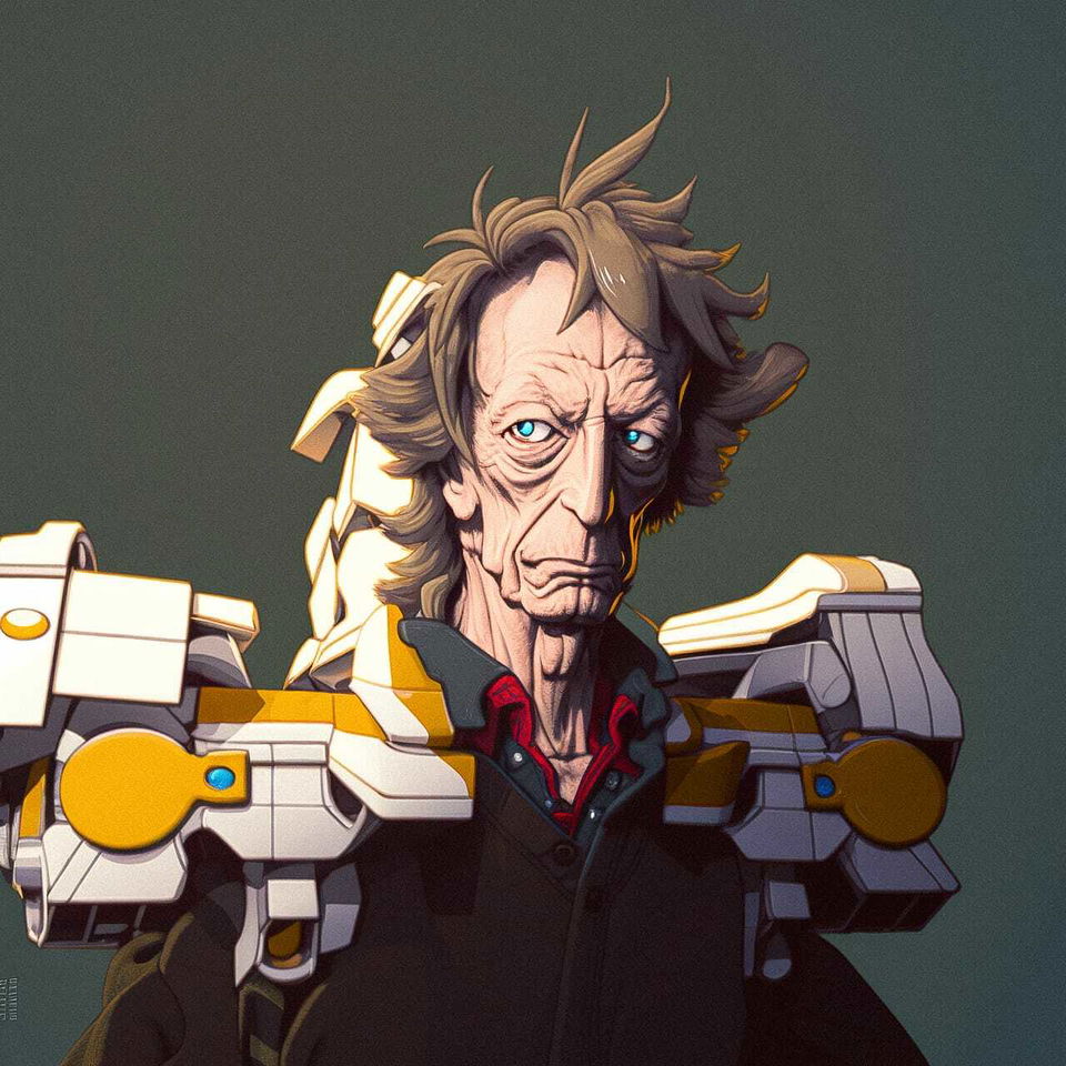 Weathered man in white and gold mecha armor, rendered in detailed anime style with dramatic shading