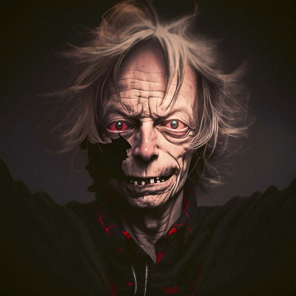 Grotesque grinning humanoid in Japanese horror anime style, muted palette and dramatic lighting