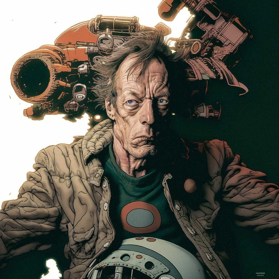 Weathered man in a mechanical suit, comic-style illustration in muted sepia tones and stark light