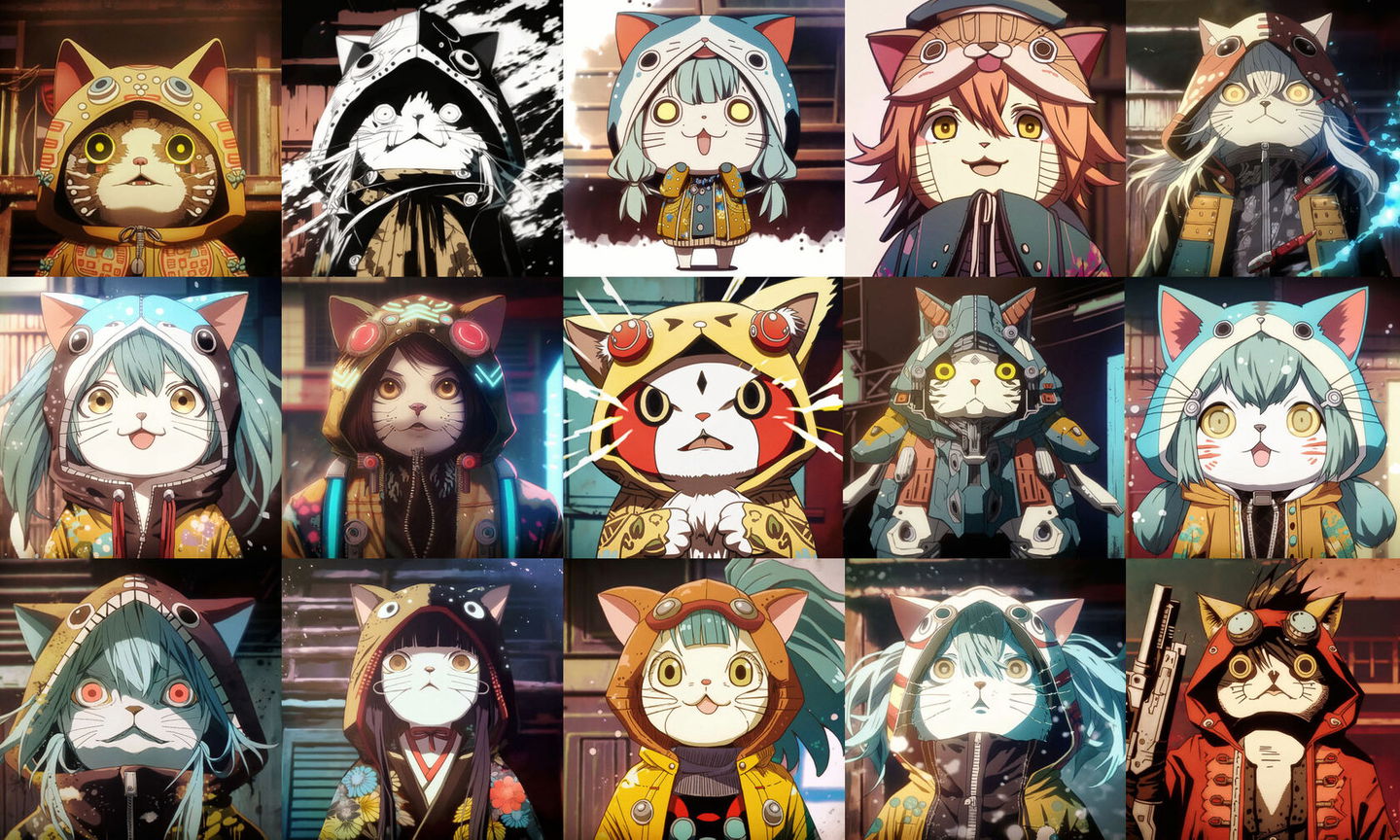 Grid of anime-style cat characters in colorful costumes, with bright detailed lighting