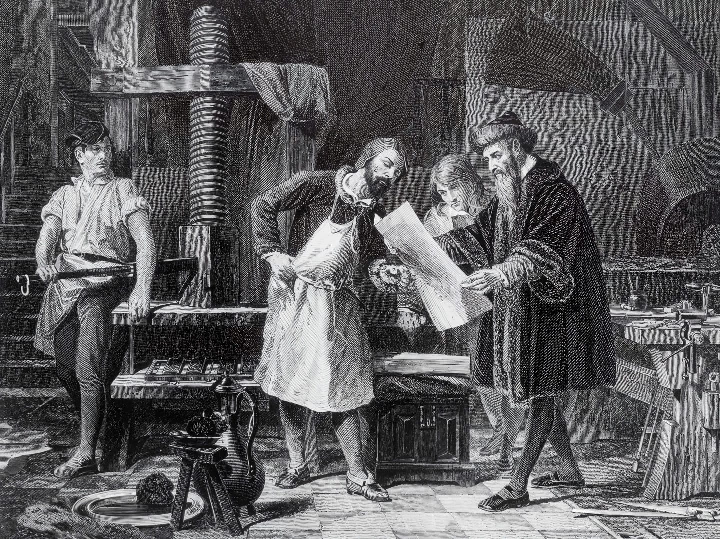 Midjourney prompt engineering for poster art depicting Johannes Gutenberg in workshop with first proof sheet, showcasing lithography techniques.