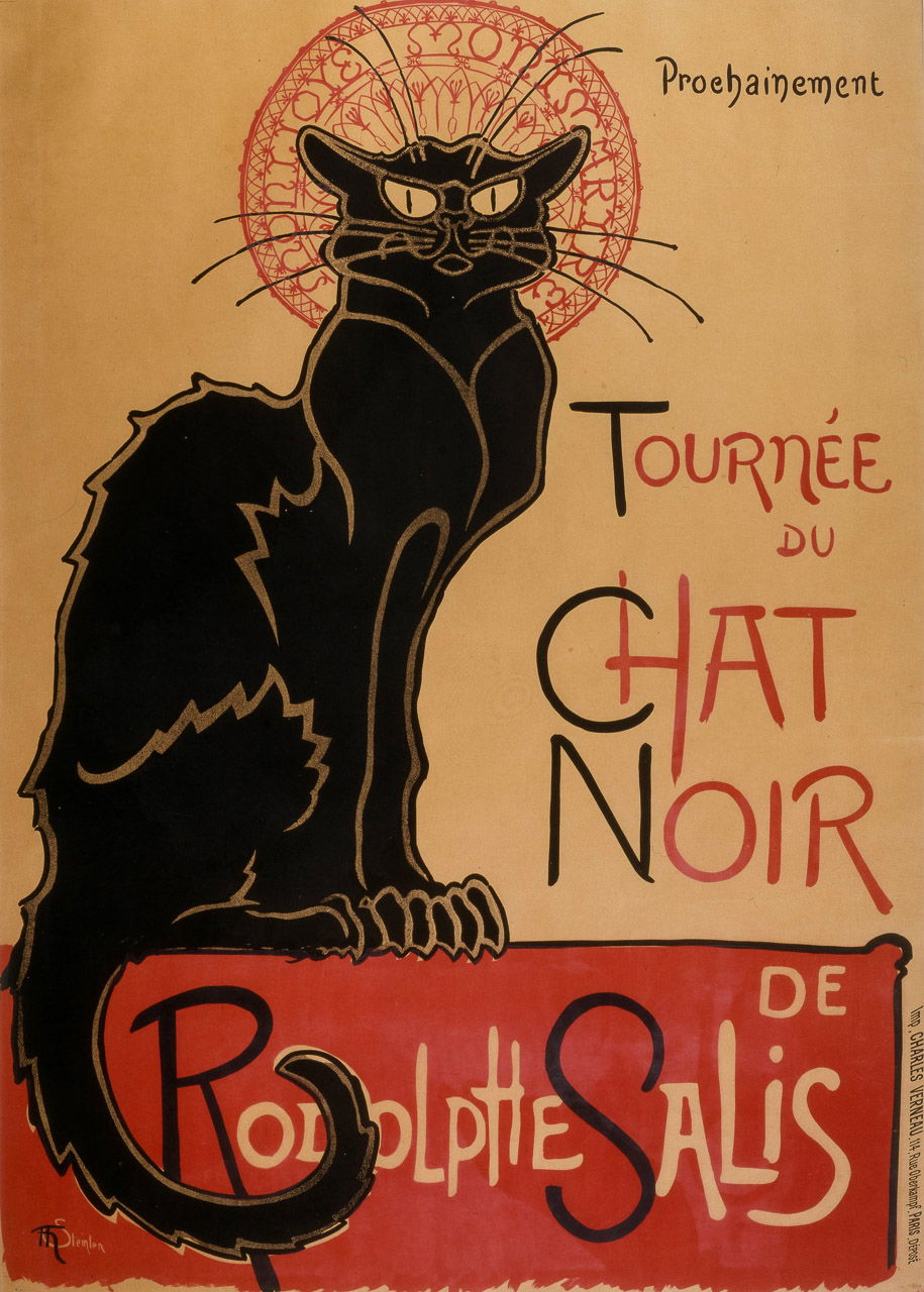 Midjourney prompt engineering for poster art inspired by Le Chat Noir by Theophile Steinlen, showcasing Art Nouveau techniques and styles.