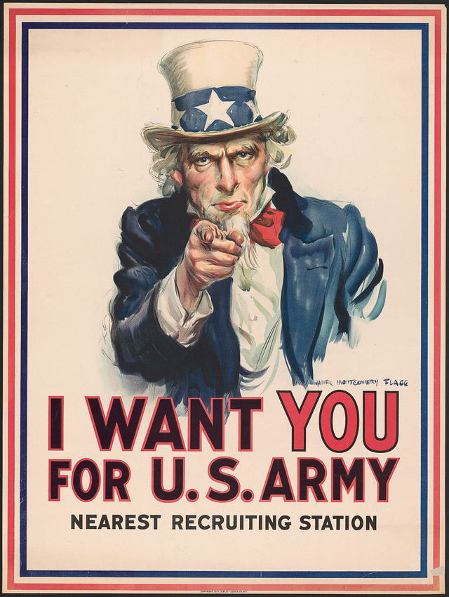 Midjourney prompt for poster art featuring iconic U.S. Army recruitment design by James Montgomery Flagg, emphasizing historical artistic movements.