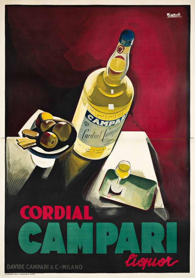 Midjourney prompt for poster art featuring Cordial Campari by Marcello Nizzoli, 1926, showcasing Art Deco techniques and design elements.