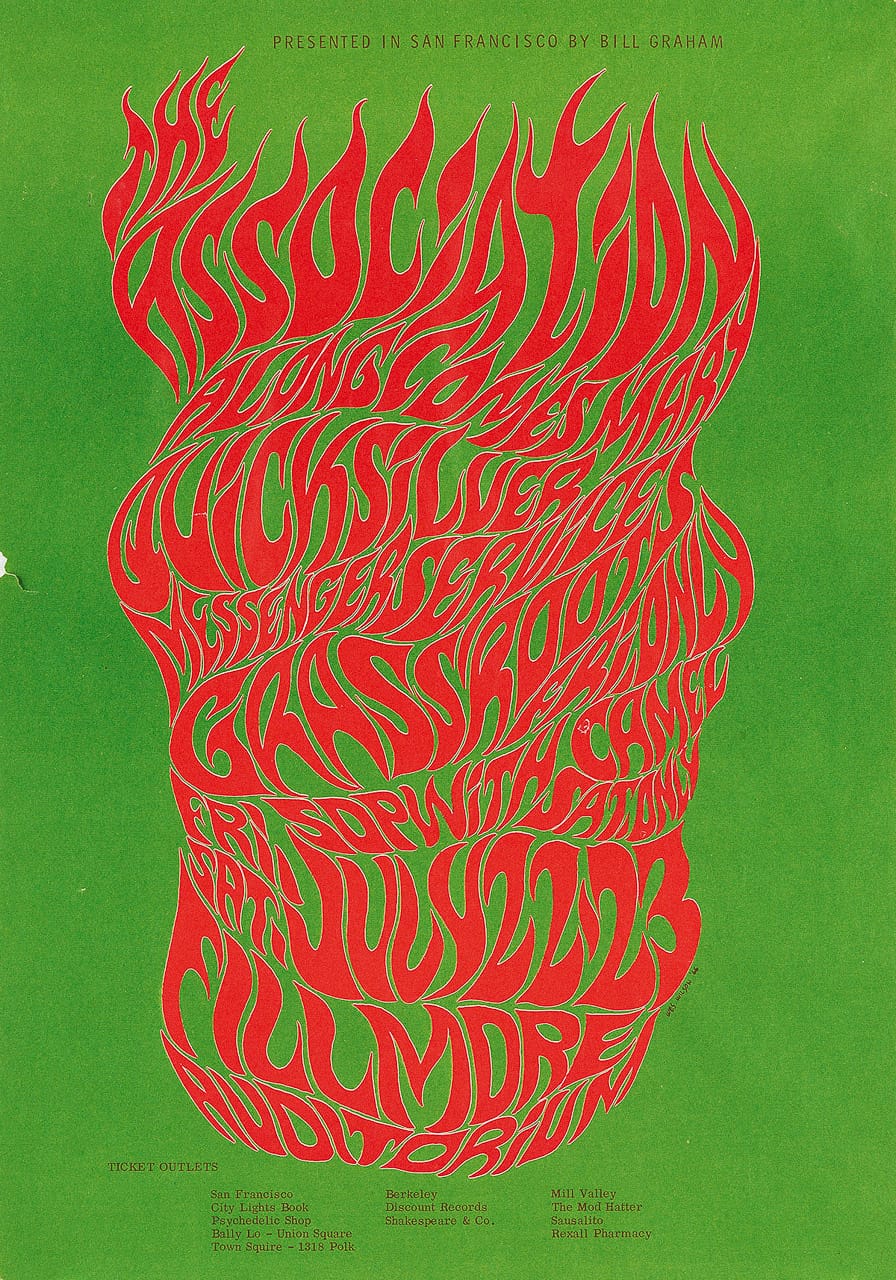 Midjourney prompt engineering for poster art, featuring 1966 Fillmore Auditorium design by Wes Wilson, exploring lithography, Art Nouveau, and psychedelic styles.